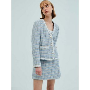 V-neck check tweed jacket_blue