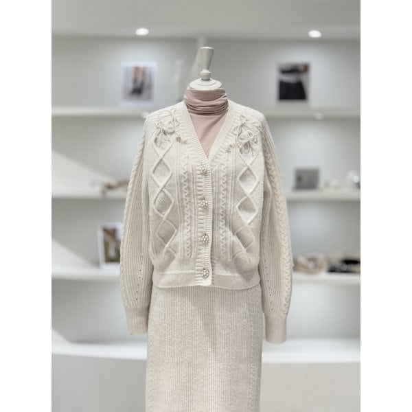 [여주점] 여성 리본 펄 진주 장식 케이블 가디건 (L254KSL039)