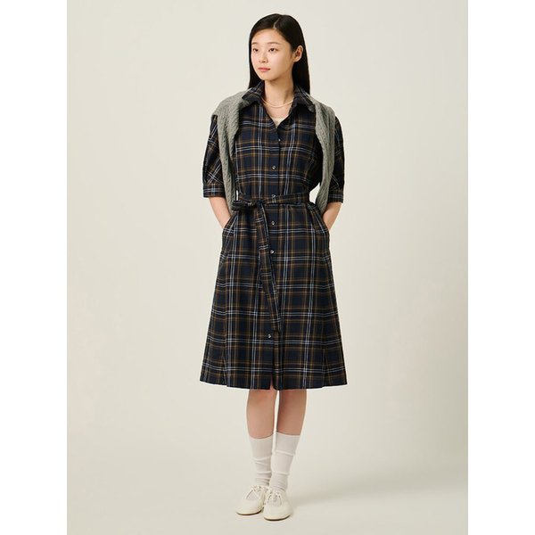체크 7부 볼륨소매 원피스  네이비 (BF5771C04R)