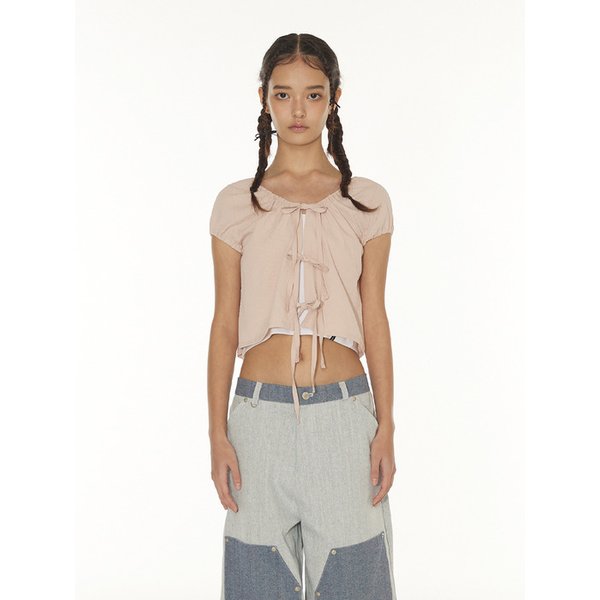 [리퍼브] FUZZY SHIRRING RIBBON CARDIGAN - PINK