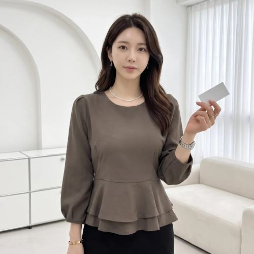 이중 밑단 페플럼 7부 블라우스 노카라 라운드넥 플레어 브라우스