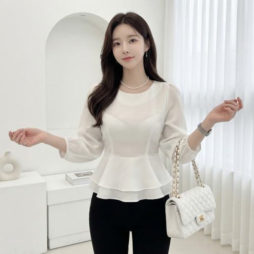 이중 밑단 페플럼 7부 블라우스 노카라 라운드넥 플레어 브라우스