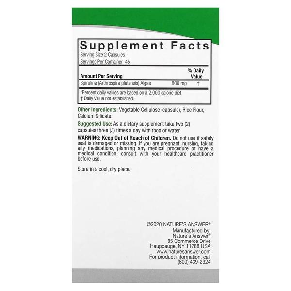 [해외직구] Natures Answer 네이쳐스앤서 스피루리나 그린 슈퍼푸드 800mg 90베지캡슐