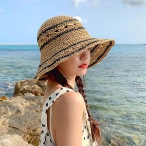 신세계라이브쇼핑 [옷자락] 여성 라탄 라인 밀짚 왕골 벙거지 모자 휴양지 동남아