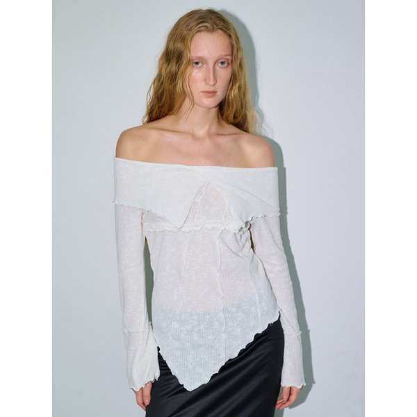 GRUNGED OFF-SHOULDER SWEATER, WHITE