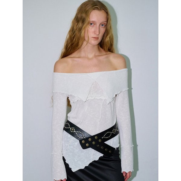 GRUNGED OFF-SHOULDER SWEATER, WHITE