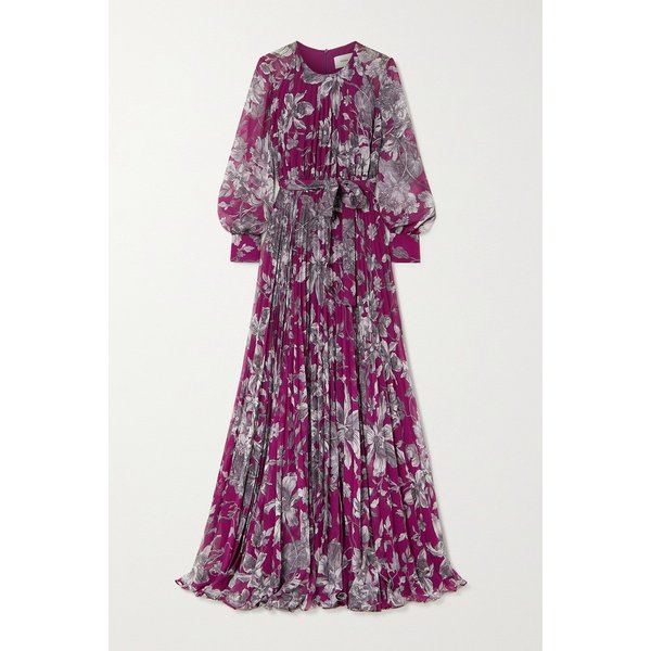 린제이 벨트 플리츠 플로럴 프린트 보일 가운 퍼플 1647597288652692