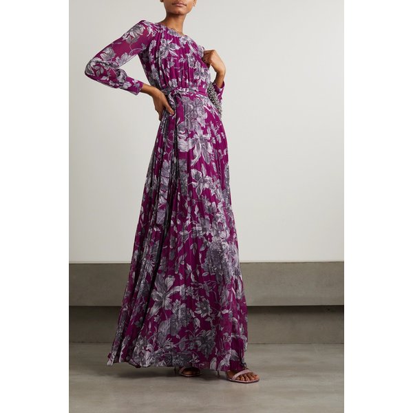 린제이 벨트 플리츠 플로럴 프린트 보일 가운 퍼플 1647597288652692