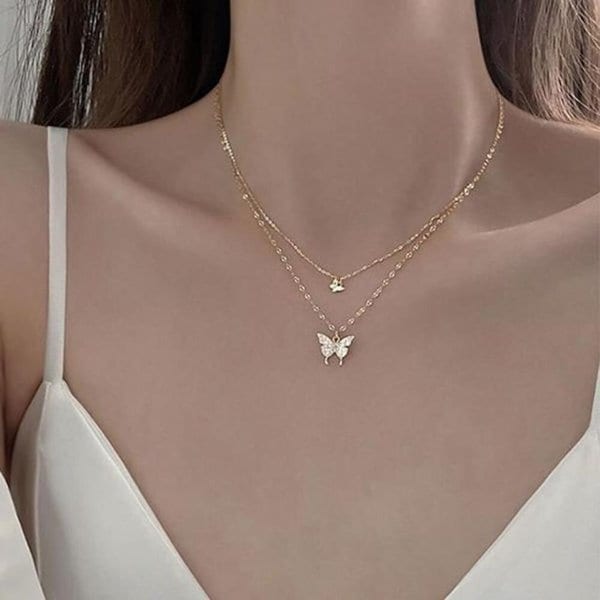 [옷자락] 여자 더블 레이어드 패션 듀얼 나비 골드 도금 목걸이