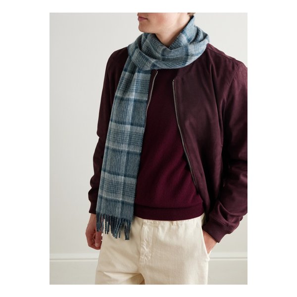 존스톤스 오브 엘긴 프린지 체크 스트라이프 캐시미어 스카프 46376663162948224