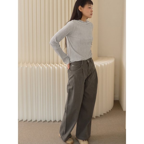 Velvet Crinkle Rib Long Sleeve Top_Gray