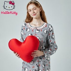 산리오 정품 프리미엄 면 잠옷 하운드투스 라운드넥 긴소매 원피스 HK-4659