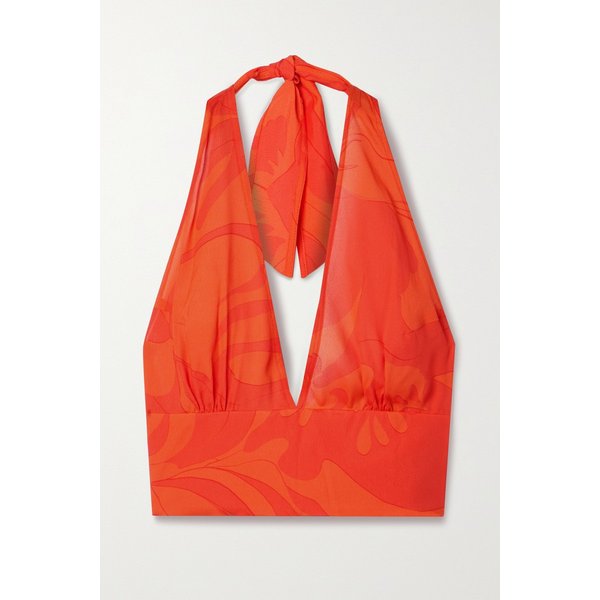 크롭 프린트 크레이프 홀터넥 탑 오렌지 1647597289936524