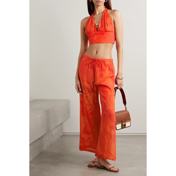 크롭 프린트 크레이프 홀터넥 탑 오렌지 1647597289936524