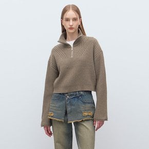 Half Zip-up Cropped Knit in Khaki VK4WP158-42