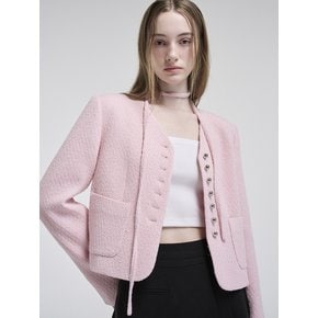 V-Neck Strap Tweed Jacket, Pink