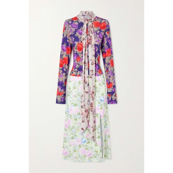 스카프 디테일 플로럴 프린트 크레이프 미디 원피스 46376663162964425