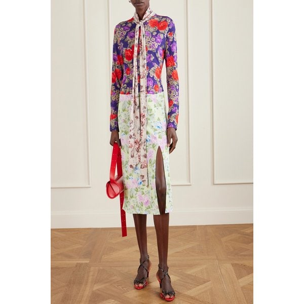 스카프 디테일 플로럴 프린트 크레이프 미디 원피스 46376663162964425