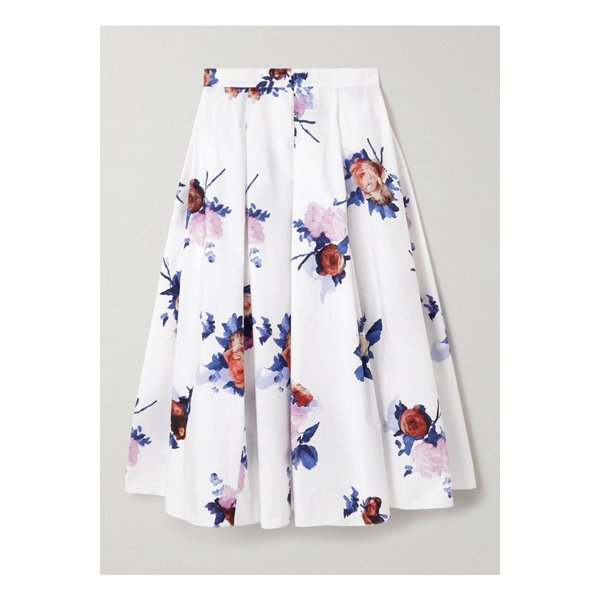 플리츠 플로럴 프린트 코튼 포플린 미디 스커트 화이트 46376663162865424