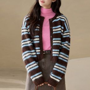 로이진 캔디 스트라이프 포근 헤어리 니트 가디건_P440486999