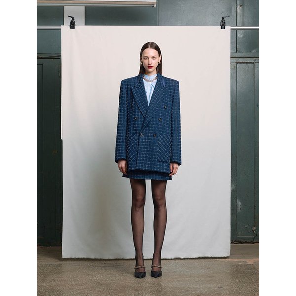 BLUE CHECK DENIM GUSSET COLLAR DOUBLE JACKET