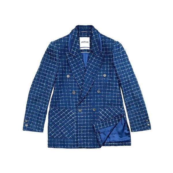 BLUE CHECK DENIM GUSSET COLLAR DOUBLE JACKET
