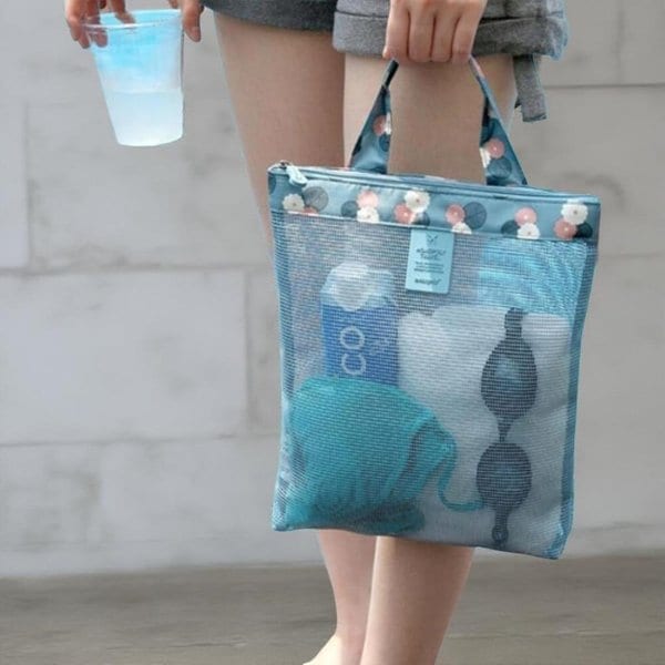 [옷자락] 여성 여름 휴가 수영 메쉬 네트 PVC 손잡이 토트백