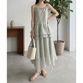 청순한 무드 이중 티어드 프릴 나시 원피스 시스루 바캉스 맥시 드레스 언밸런스 시폰 원피스