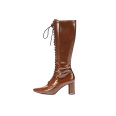 Glossy Lace-Up Long Boots_Toffee