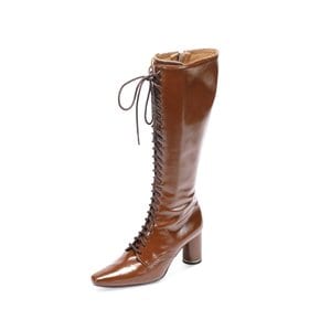 Glossy Lace-Up Long Boots_Toffee