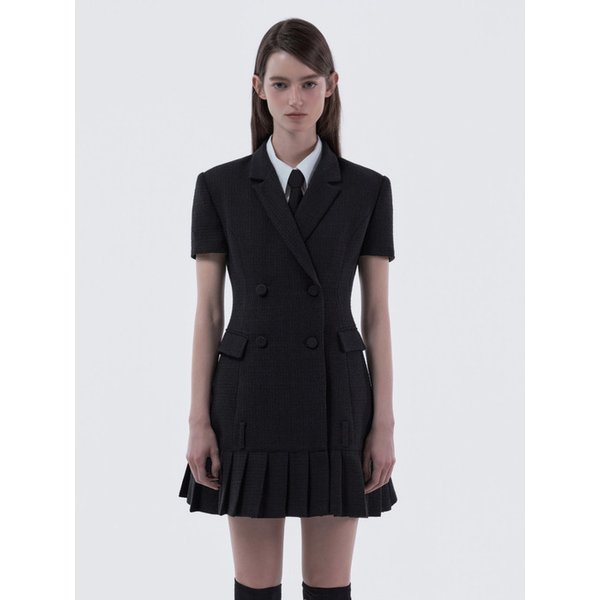 Jenn Pleated Half-Sleeve Suit Jacket Dress - Tweed Black