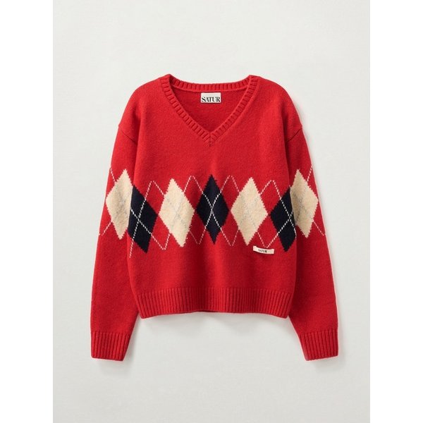 (W) 아가일 브이넥 풀오버 니트_레드