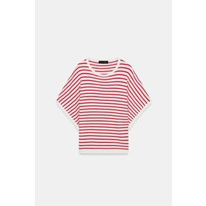 와이드 반팔 라운드넥 니트 탑 / 3433/004/944 RED STRIPE