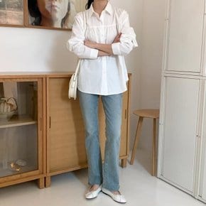 여자 봄 페미닌 카라넥 가슴 셔링 무지 셔츠
