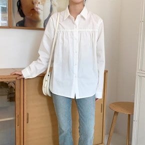 여자 봄 페미닌 카라넥 가슴 셔링 무지 셔츠