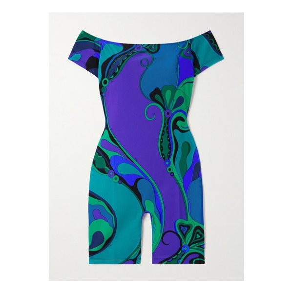 오키디 오프숄더 프린트 새틴 저지 플레이수트 블루 46376663162862204