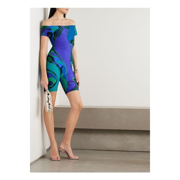 오키디 오프숄더 프린트 새틴 저지 플레이수트 블루 46376663162862204