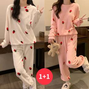 / NT3132 여성 1 + 1 딸기 패턴 긴팔 파자마 잠옷 세트