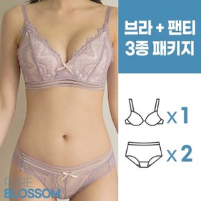 스벅 쿠폰 증정 [퓨어블라썸][3종세트] 노와이어 푸쉬업 볼륨 로맨틱 레이스 브라1+팬티2 세트