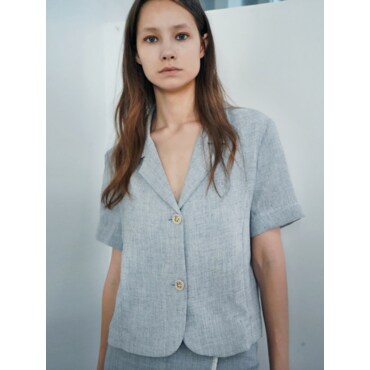 데미지니모닉 진주 린넨 크롭 그레이 반팔 자켓_[ Pearl Linen Crop Gray Short sleeve JK ]