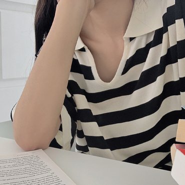 핫핑 [오픈카라/후드][2버전] 룰라 스트라이프 루즈핏 반팔니트(44~100) P000CMYH1
