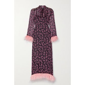 HVN 엘리사 페더 트림 프린트 실크 시폰 미디 원피스 1647597289204485