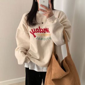 꾸안꾸 데일리 캐주얼 양기모 슈드 맨투맨 박스 오버핏 긴팔 티셔츠_P382689344