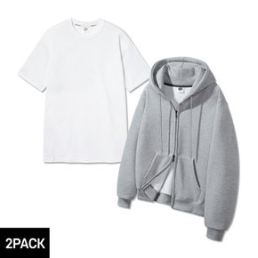 [2PACK] 앨빈클로 무지 레귤러핏 투웨이 후드집업 레이어드 롱 반팔 티셔츠 패키지