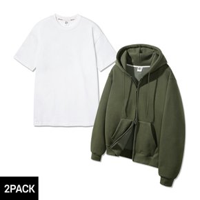 [2PACK] 앨빈클로 무지 레귤러핏 투웨이 후드집업 레이어드 롱 반팔 티셔츠 패키지