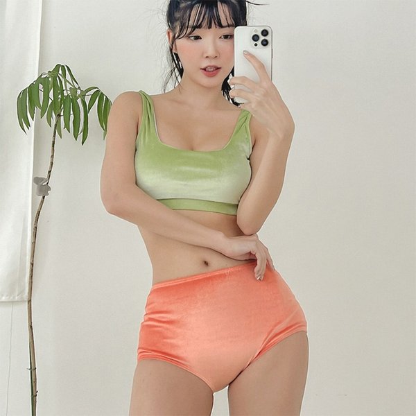 [옷자락] 여자 하이웨스트 벨벳 투피스 탱크탑 숏팬츠 수영복