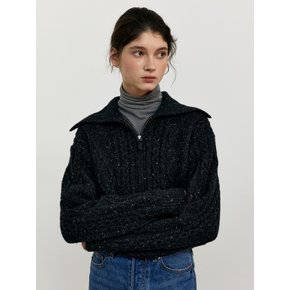 CABLE ZIP UP WOOL KNIT CARDIGAN BLACK