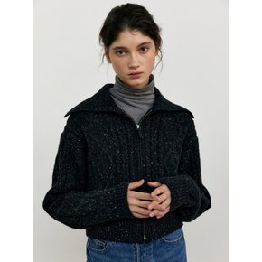 CABLE ZIP UP WOOL KNIT CARDIGAN BLACK