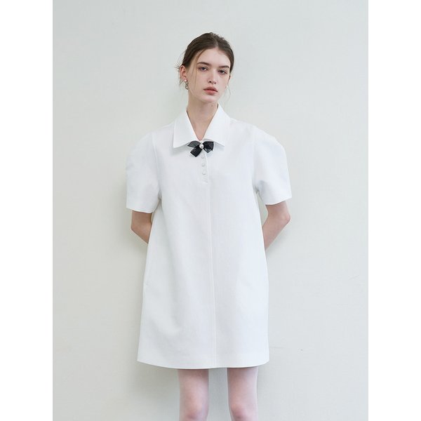 카라 퍼프 원피스 - 화이트 (브로치 세트)