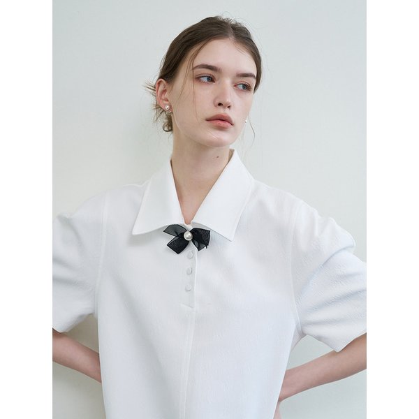 카라 퍼프 원피스 - 화이트 (브로치 세트)